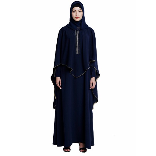 Cape abaya with stone lacework- Navy Blue